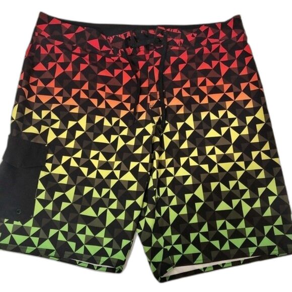 Y2K Hang Ten Board Shorts Size 38 Vintage Rasta Geometric Pattern Surf S… - Picture 1 of 8
